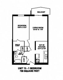 One bedroom, one bathroom apartment layout at Capitol Hill Apartments in Kitchener, ON