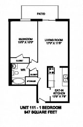 One bedroom, one bathroom apartment layout at Capitol Hill Apartments in Kitchener, ON