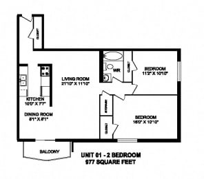 Two bedroom, one bathroom apartment layout at Capitol Hill Apartments in Kitchener, ON