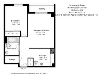 One bedroom, one bathroom apartment layout at Cedarwoods Tower in Kitchener, ON
