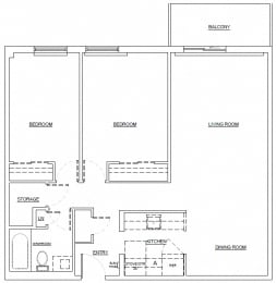 Floor Plan  Two bedroom, one bathroom apartment layout at Leamington Heights in Leamington, ON