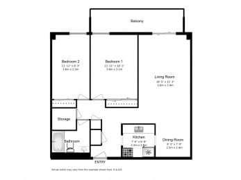 Floor Plan  Two bedroom, one bathroom apartment layout at Leamington Heights in Leamington, ON