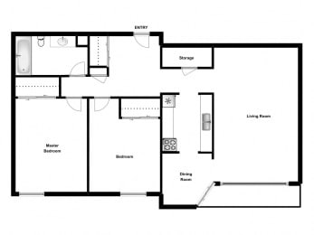 Floor Plan  Two bedroom, one bathroom apartment layout at Springbank Apartments in London, ON