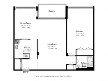 Floor Plan  One bedroom, one bathroom apartment layout at Park Towers Apartments in London, ON