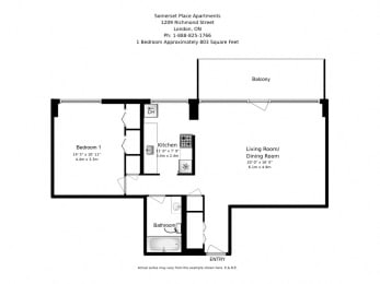 One bedroom, one bathroom apartment layout at Somerset Place Apartments in London, ON