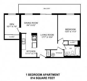 Floor Plan  Floor plan of 1 bed plus den, 1 bath, generous luxury suite with balcony at Valleyview in Newmarket, ON