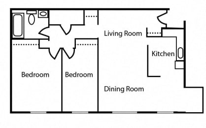 Floor Plan  Floor plan of 2 bed, 1 bath contemporary suite at Valleyview in Newmarket, ON