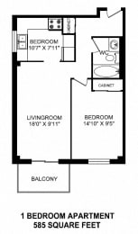Floor Plan  One bedroom, one bathroom apartment layout at Dorchester Apartments in Niagara Falls, ON