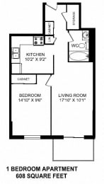 Floor Plan  One bedroom, one bathroom apartment layout at Dorchester Apartments in Niagara Falls, ON