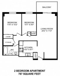 Floor Plan  Two bedroom, one bathroom apartment layout at Dorchester Apartments in Niagara Falls, ON
