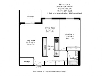One bedroom, one bathroom apartment layout at Lyndon Place in Niagara Falls, ON
