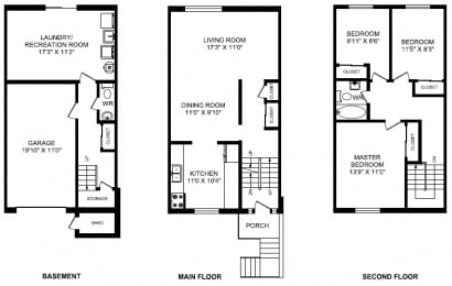 Three bedroom, one bathroom apartment layout at Taunton Terrace in Oshawa, ON