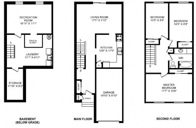 Three bedroom, one bathroom apartment layout at Taunton Terrace in Oshawa, ON