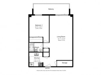 Floor Plan  Floor plan of 1 bed, 1 bath, balcony and amenity access at Marlan Towers in Owen Sound, ON