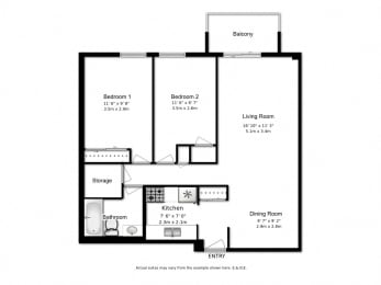 Floor Plan  Floor plan of 2 bed, 1 bath, generous contemporary suites at Marlan Towers in Owen Sound, ON