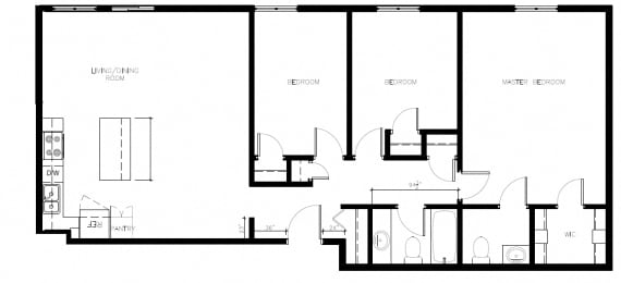 Floor Plan  Three bedroom, two bathroom apartment layout at Northumberland Place in Port Hope, ON