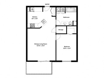 Floor Plan  1 bed, 1 bath, modern suites with balcony access at Bourg Du Village in Sainte Therese, QC