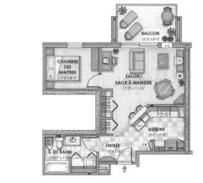 Floor Plan  1 bed, 1 bath, spacious, luxury apartments at Bourg Du Village in Sainte Therese, QC