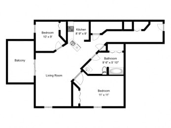Floor Plan  2 bed, 1 bath, large, modern design at Bourg Du Village in Sainte Therese, QC