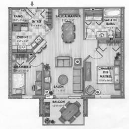 Floor Plan  2 bed, 1 bath, sleek style, generous space  at Bourg Du Village in Sainte Therese, QC