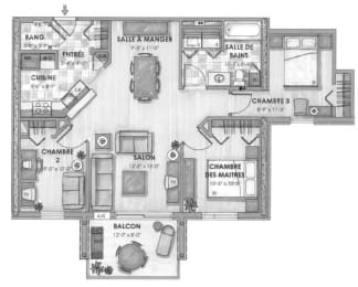 Floor Plan  3 bed, 1 bath, modern, elegant living with balcony access at Bourg Du Village in Sainte Therese, QC
