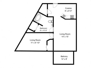 Floor Plan  1 bed, 1 bath, bachelor apartment with balcony at Bourg Du Village in Sainte Therese, QC