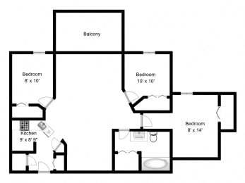 Floor Plan  3 bed, 1 bath, open concept living with balcony access at Bourg Du Village in Sainte Therese, QC