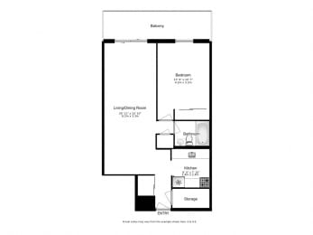 Floor Plan  1 bed, 1 bath, modern suite with balcony at Bayview Towers