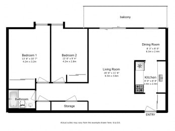 Floor Plan  2 bed, 1 bath, open concept apartments with balcony access at Bayview Towers in Sarnia, ON