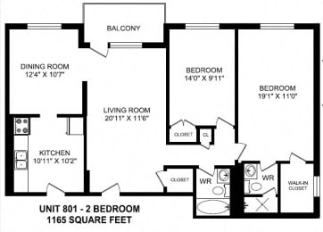 Floor Plan  Two bedroom, two bathroom apartment layout at Fairway Towers in Sarnia, ON