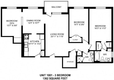 Floor Plan  Three bedroom, two bathroom apartment layout at Fairway Towers in Sarnia, ON
