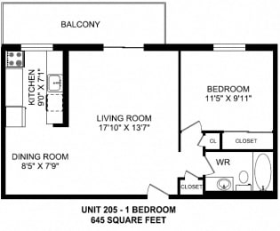 One bedroom, one bathroom apartment layout at High Park Apartments in Sarnia, ON
