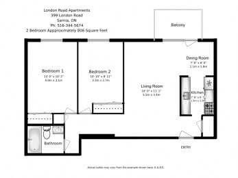 Floor Plan  Two bedroom, one bathroom apartment layout at London Road Apartments in Sarnia, ON