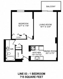 Floor Plan  One bedroom, one bathroom apartment layout at Victoria Place in Saskatoon, SK