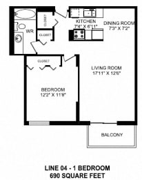 Floor Plan  One bedroom, one bathroom apartment layout at Victoria Place in Saskatoon, SK