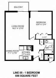 Floor Plan  One bedroom, one bathroom apartment layout at Victoria Place in Saskatoon, SK