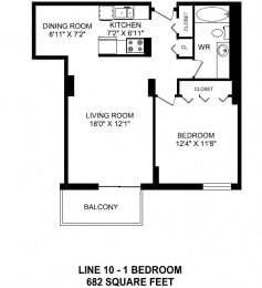 Floor Plan  One bedroom, one bathroom apartment layout at Victoria Place in Saskatoon, SK