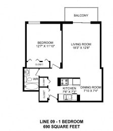 Floor Plan  One bedroom, one bathroom apartment layout at Victoria Place in Saskatoon, SK