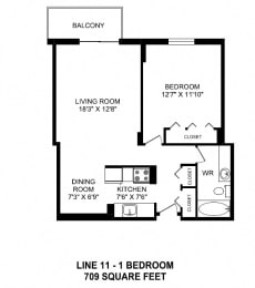 Floor Plan  One bedroom, one bathroom apartment layout at Victoria Place in Saskatoon, SK