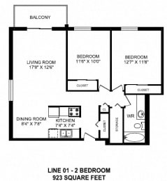 Floor Plan  Two bedroom, one bathroom apartment layout at Victoria Place in Saskatoon, SK