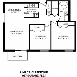 Floor Plan  Two bedroom, one bathroom apartment layout at Victoria Place in Saskatoon, SK