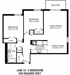 Floor Plan  Two bedroom, one bathroom apartment layout at Victoria Place in Saskatoon, SK