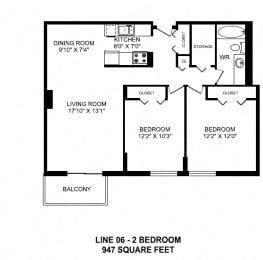 Floor Plan  Two bedroom, one bathroom apartment layout at Victoria Place in Saskatoon, SK