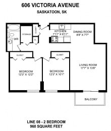 Floor Plan  Two bedroom, one bathroom apartment layout at Victoria Place in Saskatoon, SK