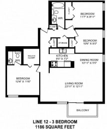 Floor Plan  Three bedroom, one bathroom apartment layout at Victoria Place in Saskatoon, SK
