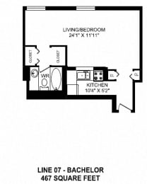 Floor Plan  Bachelor, one bathroom apartment layout at Victoria Place in Saskatoon, SK