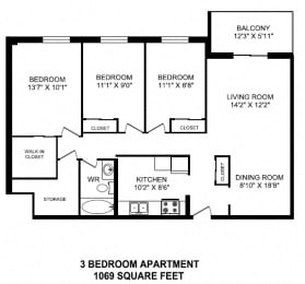 Three bedroom, one bathroom apartment layout at Linden Court in St. Catharines, ON