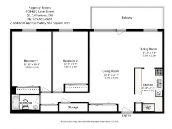 Two bedroom, one bathroom apartment layout at Regency Towers in St. Catherines, ON
