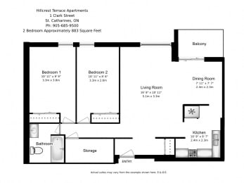 Two bedroom, one bathroom apartment layout at Hillcrest Terrace in St. Catharines, ON
