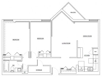 Two bedroom, one bathroom apartment layout at Sunset Towers in St. Thomas, ON